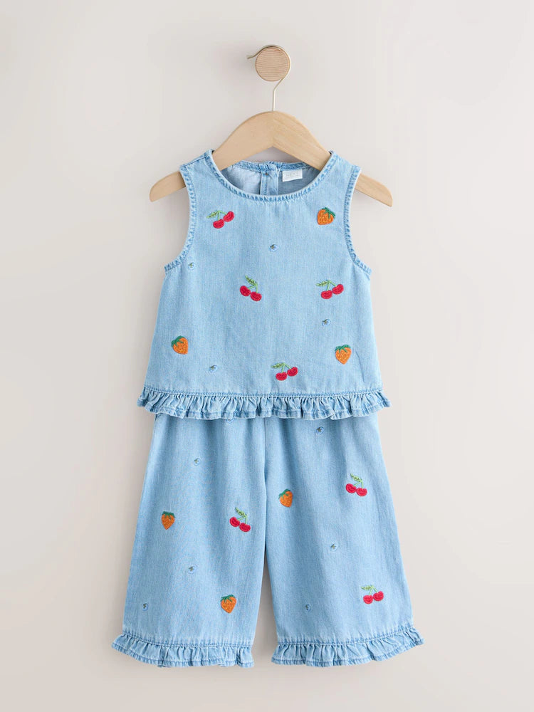|Girl| Conjunto De Blusa e Calça Jeans Com Bordado De Frutas (3 meses a 7 anos)