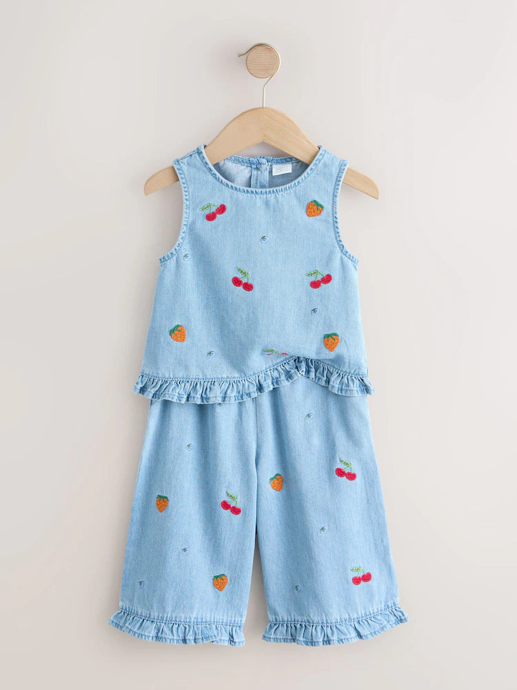 |Girl| Conjunto De Blusa e Calça Jeans Com Bordado De Frutas (3 meses a 7 anos)