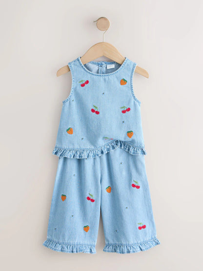 |Girl| Conjunto De Blusa e Calça Jeans Com Bordado De Frutas (3 meses a 7 anos)