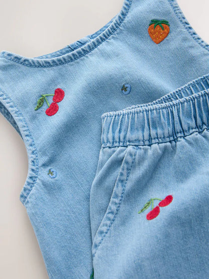 |Girl| Conjunto De Blusa e Calça Jeans Com Bordado De Frutas (3 meses a 7 anos)