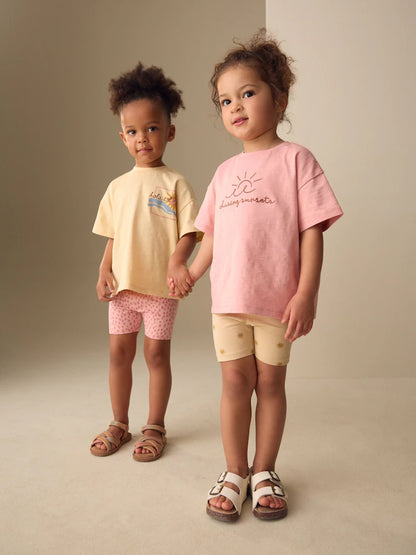 |Girl| Conjunto De Blusa Rosa/Amarela e Shorts e Ciclismo (2 peças, tamanhos de 3 meses a 7 anos)