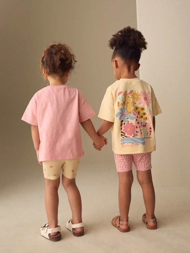 |Girl| Conjunto De Blusa Rosa/Amarela e Shorts e Ciclismo (2 peças, tamanhos de 3 meses a 7 anos)