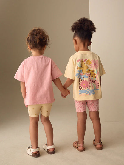 |Girl| Conjunto De Blusa Rosa/Amarela e Shorts e Ciclismo (2 peças, tamanhos de 3 meses a 7 anos)