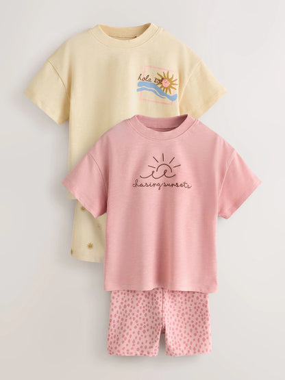 |Girl| Conjunto De Blusa Rosa/Amarela e Shorts e Ciclismo (2 peças, tamanhos de 3 meses a 7 anos)