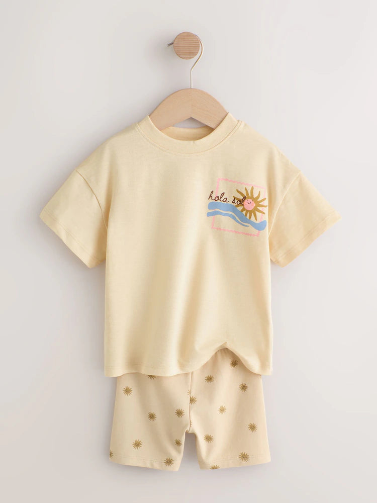 |Girl| Conjunto De Blusa Rosa/Amarela e Shorts e Ciclismo (2 peças, tamanhos de 3 meses a 7 anos)