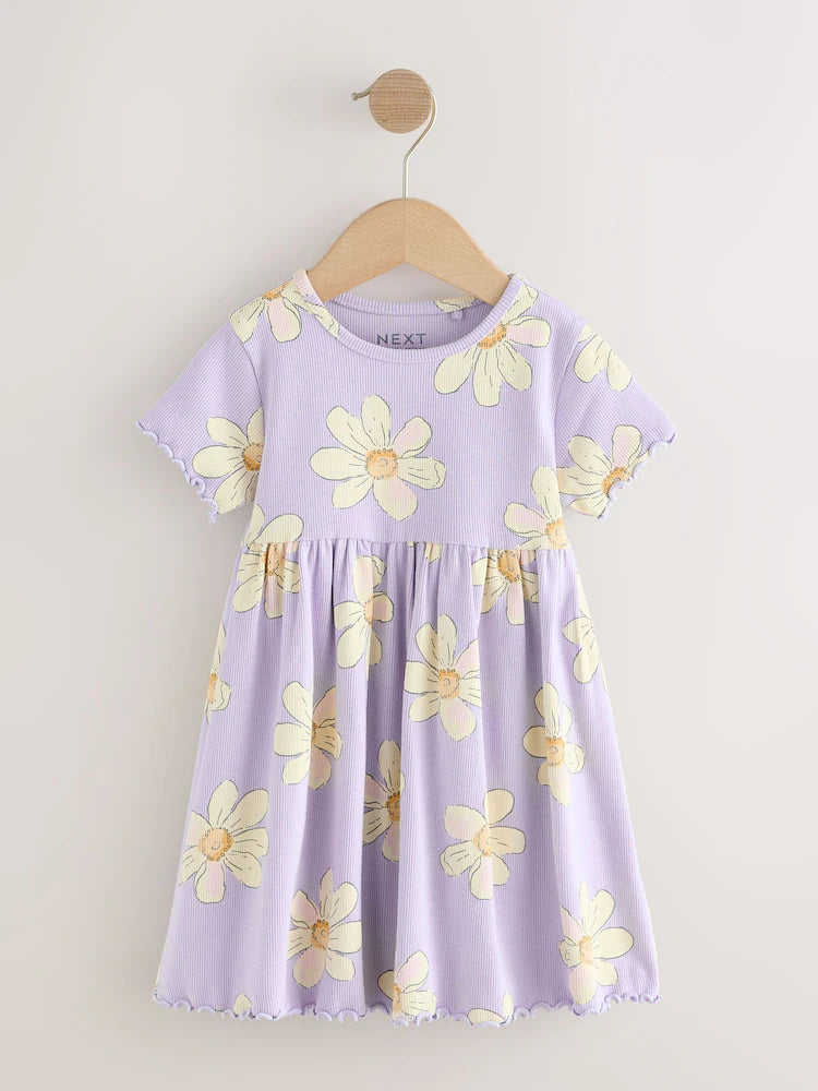 |Girl| Vestido Canelado De Manga Curta Com Estampa De Margaridas Lilás (3 meses a 7 anos)