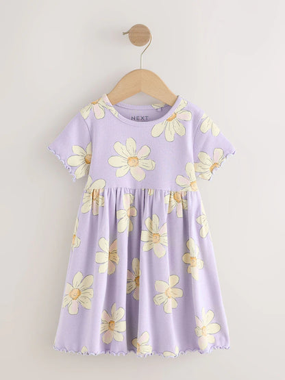 |Girl| Vestido Canelado De Manga Curta Com Estampa De Margaridas Lilás (3 meses a 7 anos)