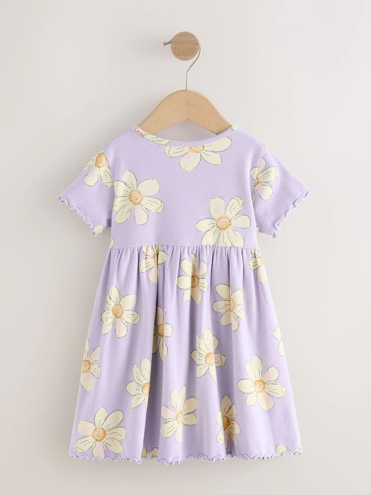 |Girl| Vestido Canelado De Manga Curta Com Estampa De Margaridas Lilás (3 meses a 7 anos)