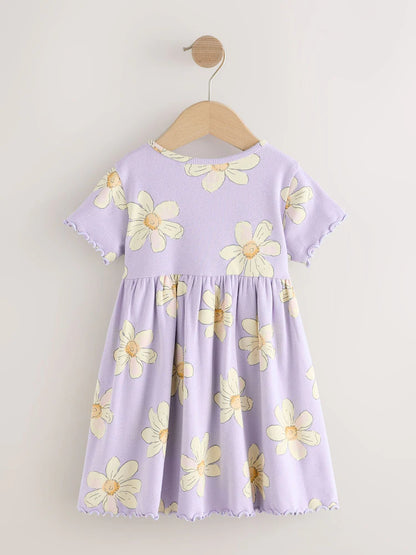 |Girl| Vestido Canelado De Manga Curta Com Estampa De Margaridas Lilás (3 meses a 7 anos)