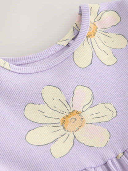 |Girl| Vestido Canelado De Manga Curta Com Estampa De Margaridas Lilás (3 meses a 7 anos)