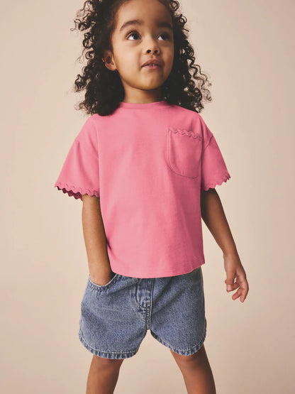 |Girl| Camiseta Rosa De Manga Curta Com Acabamento Em Ric Rac (3 meses a 7 anos)