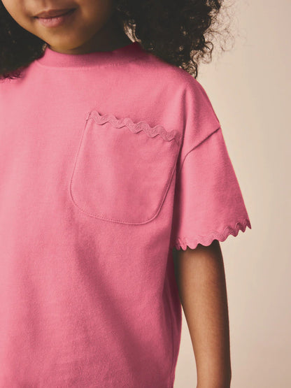 |Girl| Camiseta Rosa De Manga Curta Com Acabamento Em Ric Rac (3 meses a 7 anos)