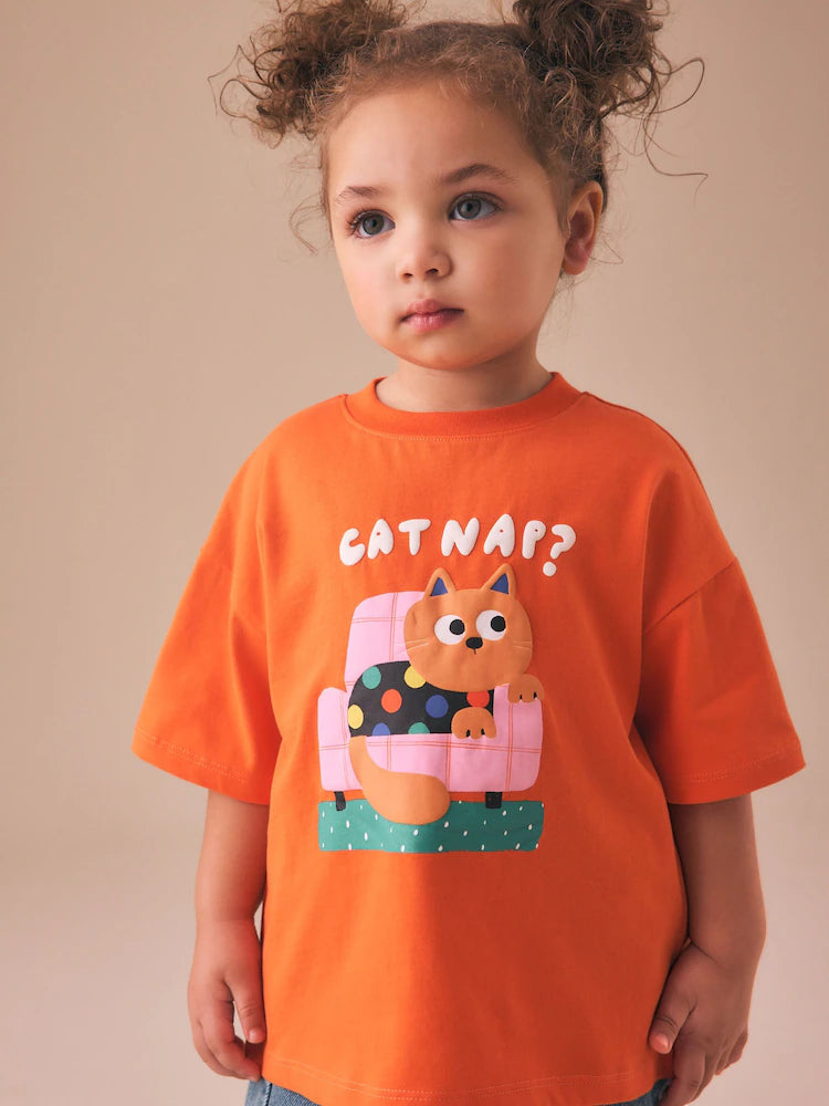 |Girl| Camiseta De Manga Curta Com Estampa De Gato Laranja (3 meses a 7 anos)