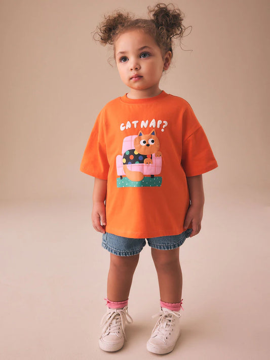 |Girl| Camiseta De Manga Curta Com Estampa De Gato Laranja (3 meses a 7 anos)