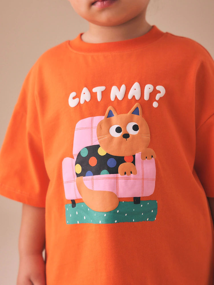 |Girl| Camiseta De Manga Curta Com Estampa De Gato Laranja (3 meses a 7 anos)