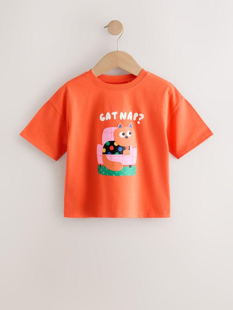 |Girl| Camiseta De Manga Curta Com Estampa De Gato Laranja (3 meses a 7 anos)