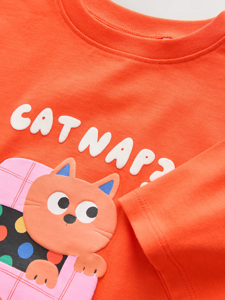 |Girl| Camiseta De Manga Curta Com Estampa De Gato Laranja (3 meses a 7 anos)