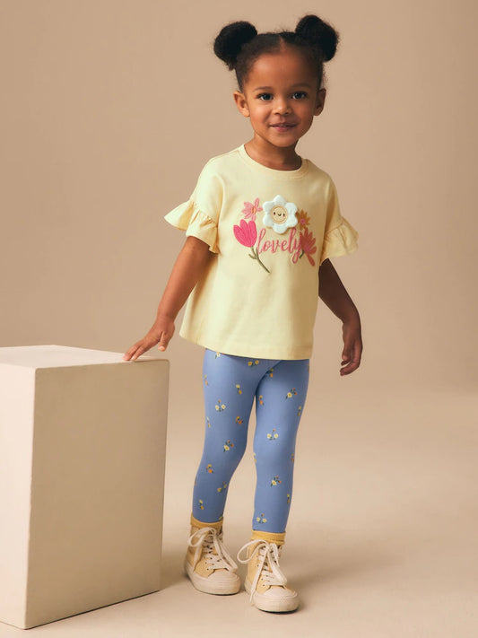 |Girl| Conjunto De Camiseta De Manga Curta e Legging Com Estampa Floral Amarela Acolchoada (3 meses a 7 anos)