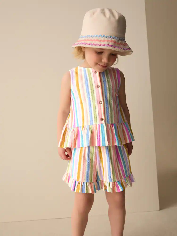 |Girl| Conjunto De Regata Peplum e Shorts Com Estampa De Arco-íris Em Tons De Rosa e Azul (3 meses a 7 anos)