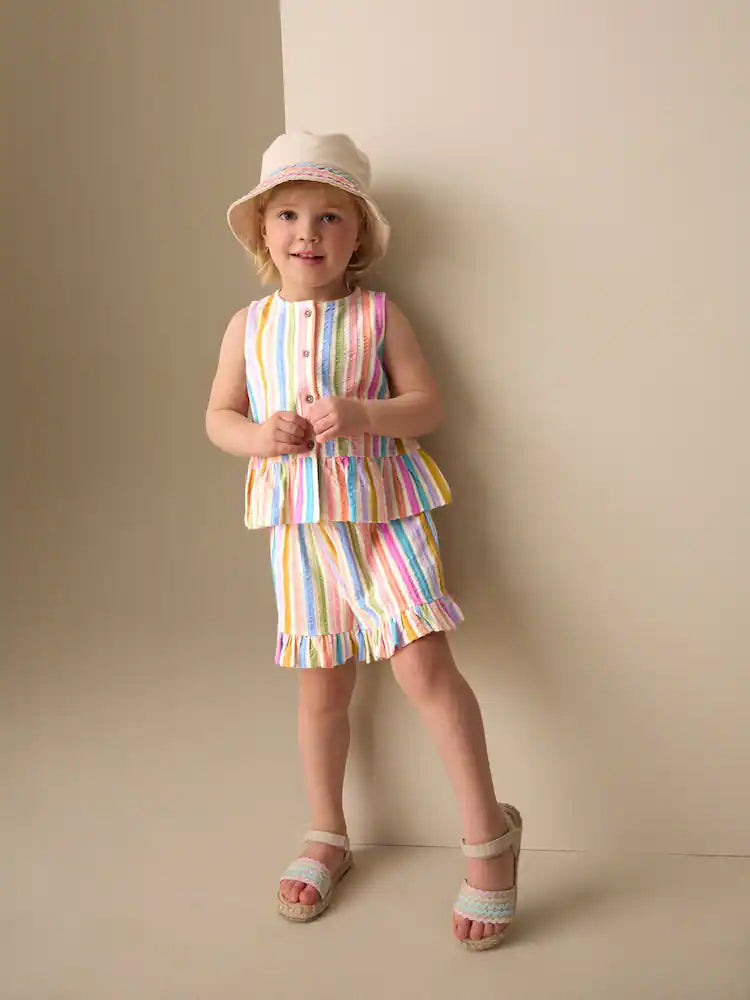 |Girl| Conjunto De Regata Peplum e Shorts Com Estampa De Arco-íris Em Tons De Rosa e Azul (3 meses a 7 anos)