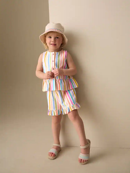 |Girl| Conjunto De Regata Peplum e Shorts Com Estampa De Arco-íris Em Tons De Rosa e Azul (3 meses a 7 anos)