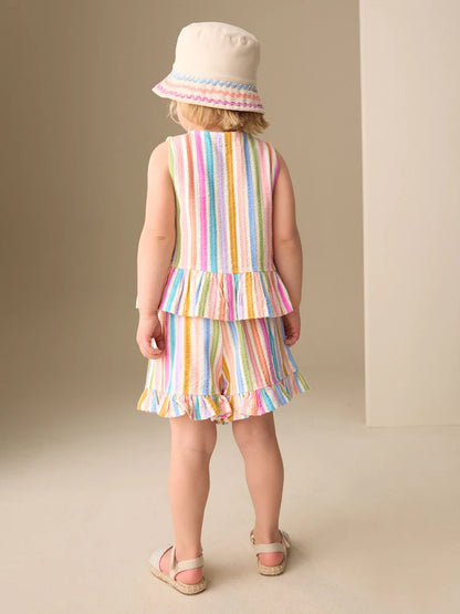 |Girl| Conjunto De Regata Peplum e Shorts Com Estampa De Arco-íris Em Tons De Rosa e Azul (3 meses a 7 anos)