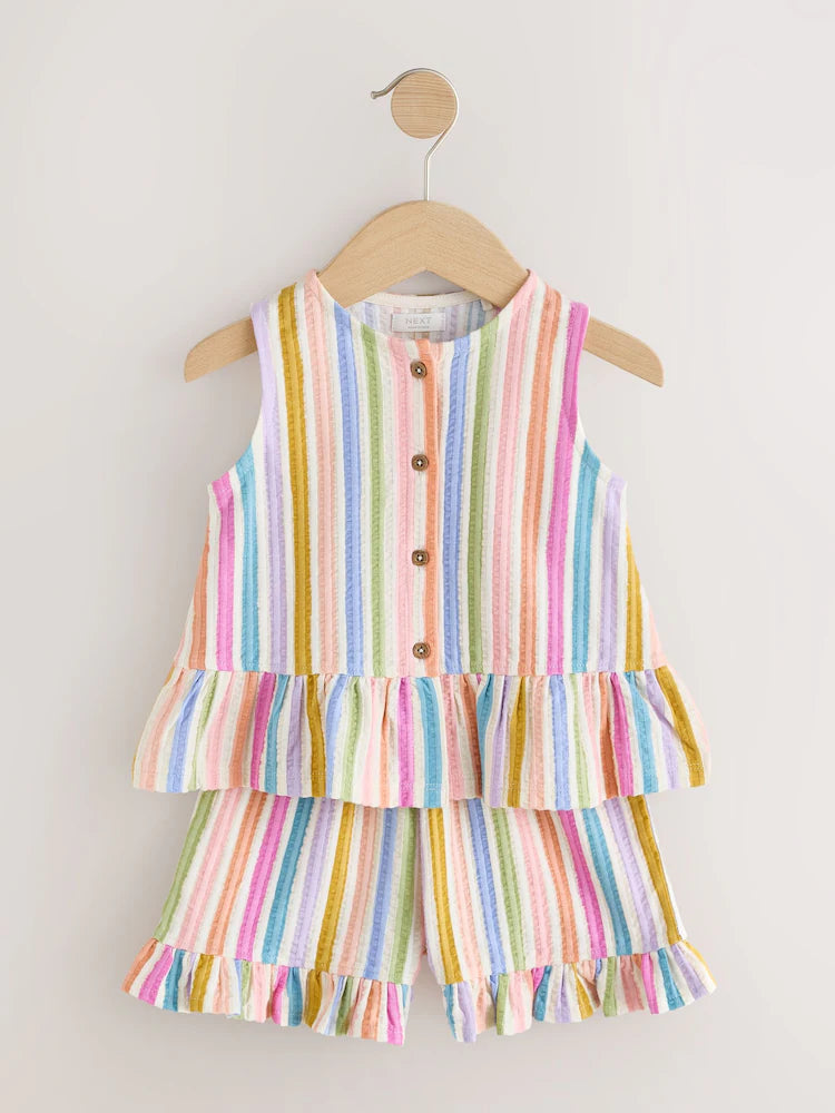 |Girl| Conjunto De Regata Peplum e Shorts Com Estampa De Arco-íris Em Tons De Rosa e Azul (3 meses a 7 anos)