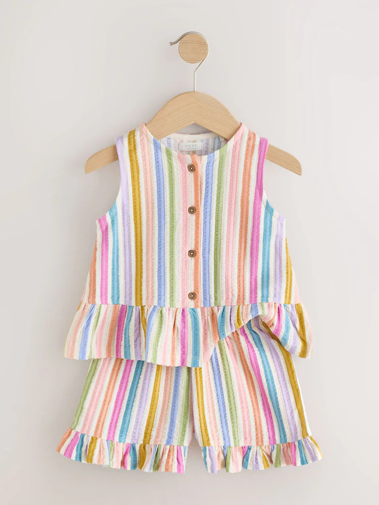 |Girl| Conjunto De Regata Peplum e Shorts Com Estampa De Arco-íris Em Tons De Rosa e Azul (3 meses a 7 anos)