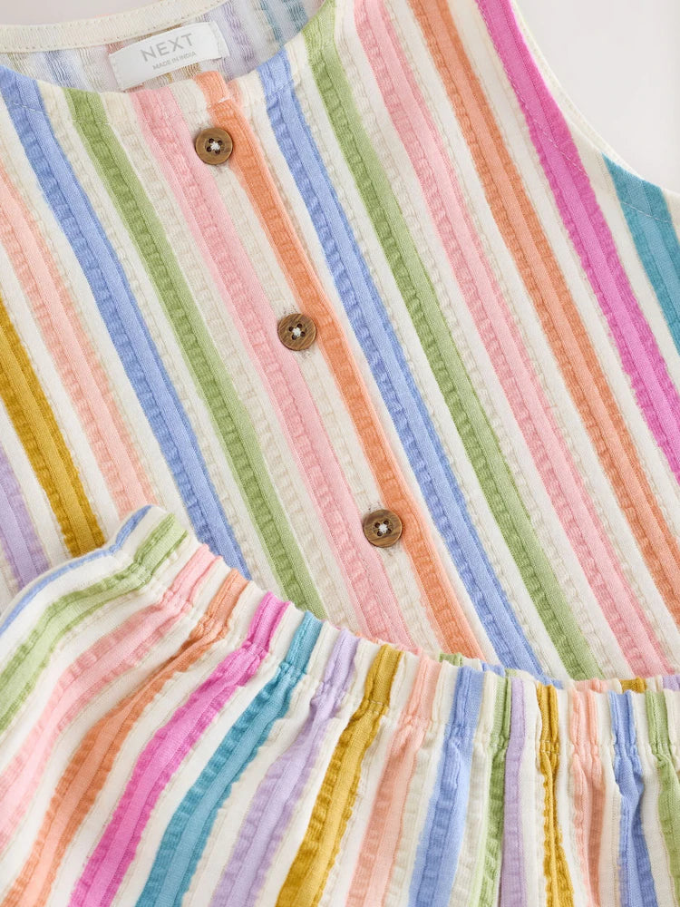 |Girl| Conjunto De Regata Peplum e Shorts Com Estampa De Arco-íris Em Tons De Rosa e Azul (3 meses a 7 anos)