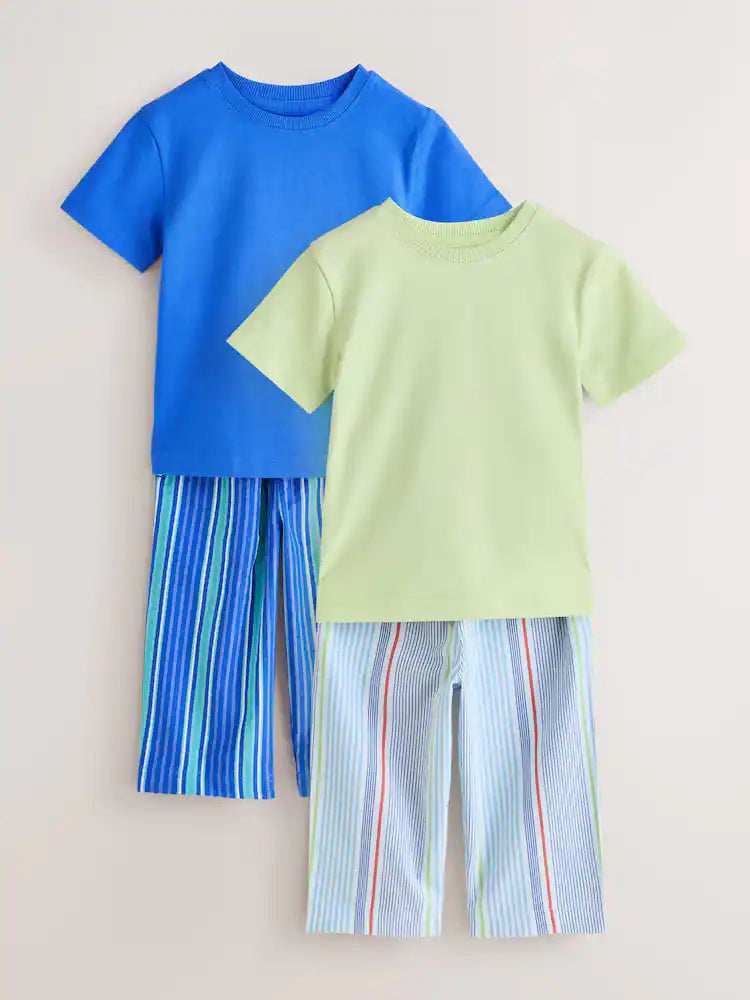 |Boy| Conjunto De 2 Pijamas De Manga Curta e Perna Comprida Com Listras Azuis e Verdes (tamanhos de 9 meses a 12 anos)