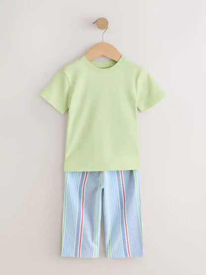 |Boy| Conjunto De 2 Pijamas De Manga Curta e Perna Comprida Com Listras Azuis e Verdes (tamanhos de 9 meses a 12 anos)