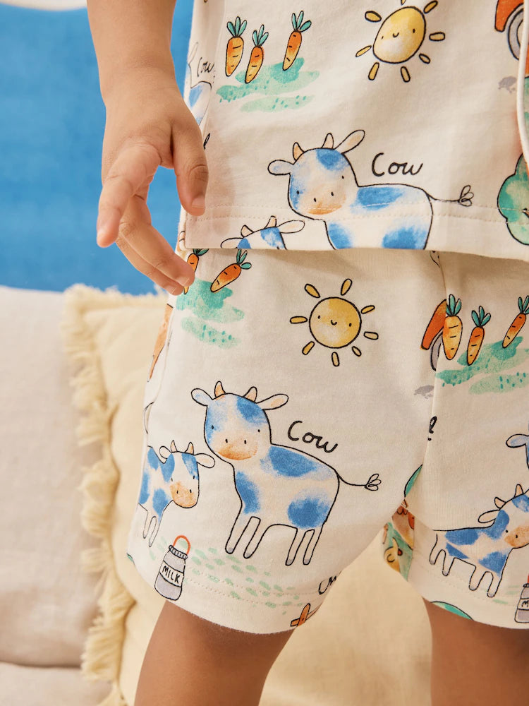 |Boy| Pijama Curto Com Estampa De Fazenda Em Tons De Bege/Amarelo/Azul/Verde Com Um Botão Frontal (9 meses-