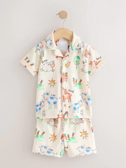 |Boy| Pijama Curto Com Estampa De Fazenda Em Tons De Bege/Amarelo/Azul/Verde Com Um Botão Frontal (9 meses-