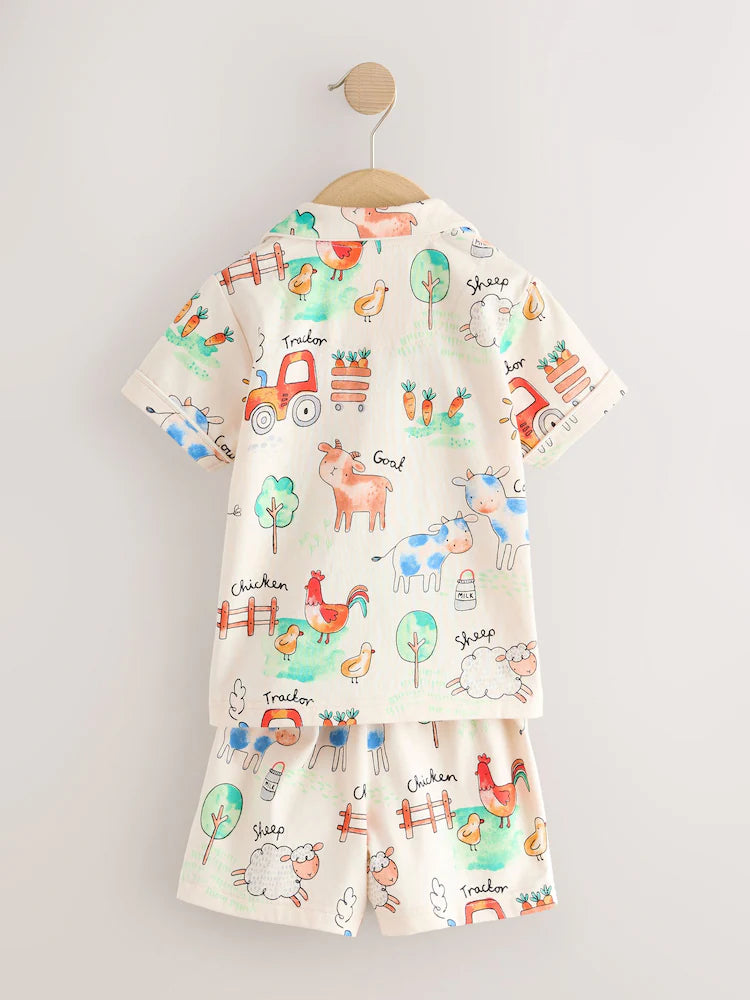 |Boy| Pijama Curto Com Estampa De Fazenda Em Tons De Bege/Amarelo/Azul/Verde Com Um Botão Frontal (9 meses-