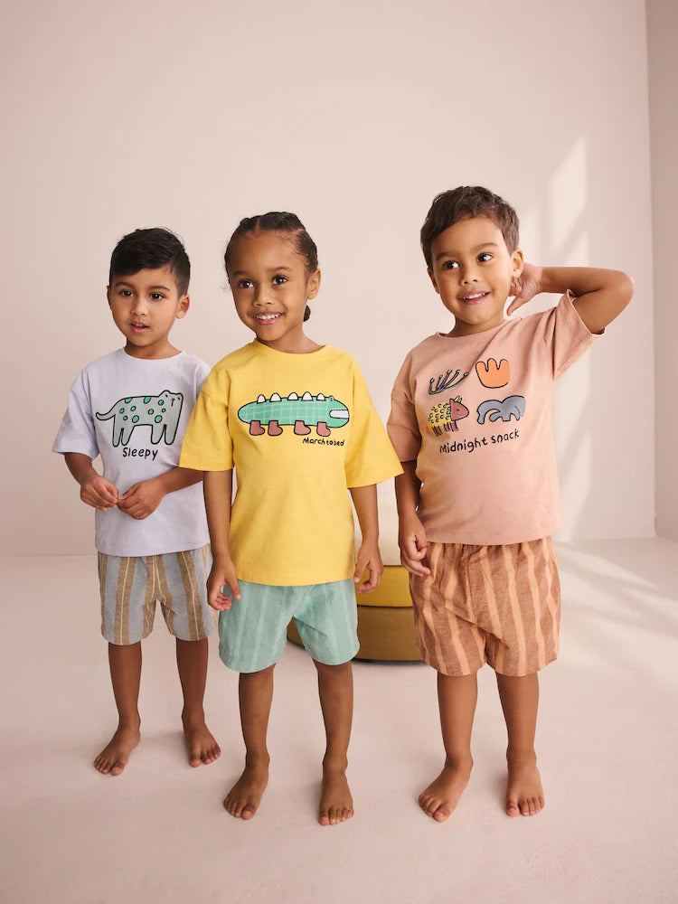 |Boy| Conjunto De 3 Pijamas Curtos Listrados De Animais Nas Cores Azul, Amarelo e Rosa (9 meses a 8 anos)