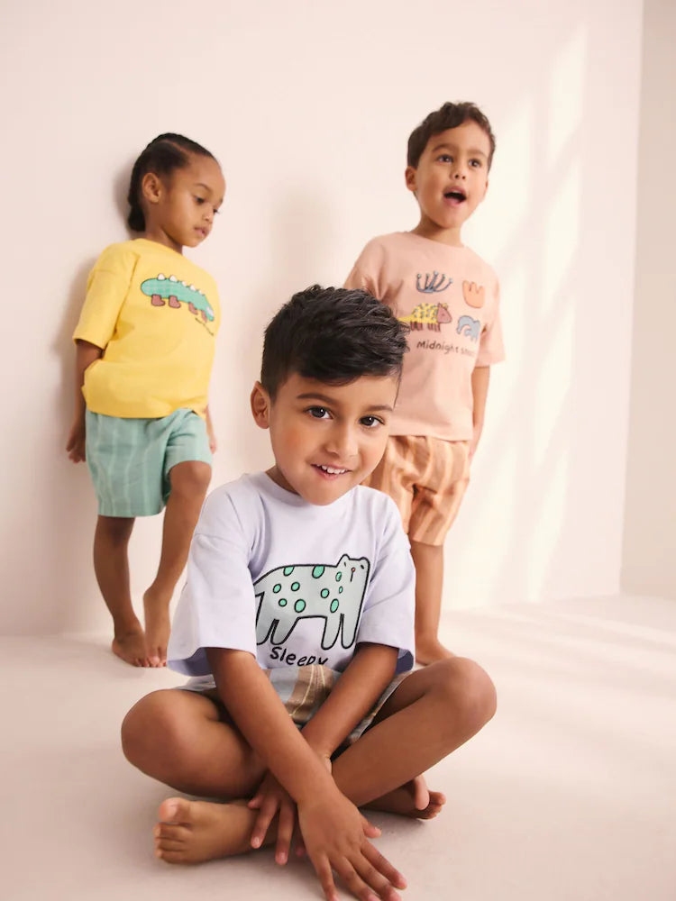 |Boy| Conjunto De 3 Pijamas Curtos Listrados De Animais Nas Cores Azul, Amarelo e Rosa (9 meses a 8 anos)