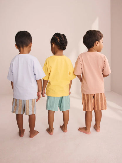 |Boy| Conjunto De 3 Pijamas Curtos Listrados De Animais Nas Cores Azul, Amarelo e Rosa (9 meses a 8 anos)