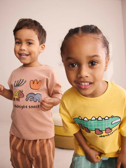 |Boy| Conjunto De 3 Pijamas Curtos Listrados De Animais Nas Cores Azul, Amarelo e Rosa (9 meses a 8 anos)