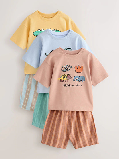 |Boy| Conjunto De 3 Pijamas Curtos Listrados De Animais Nas Cores Azul, Amarelo e Rosa (9 meses a 8 anos)