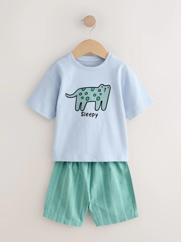 |Boy| Conjunto De 3 Pijamas Curtos Listrados De Animais Nas Cores Azul, Amarelo e Rosa (9 meses a 8 anos)