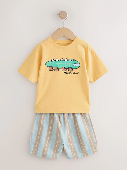 |Boy| Conjunto De 3 Pijamas Curtos Listrados De Animais Nas Cores Azul, Amarelo e Rosa (9 meses a 8 anos)