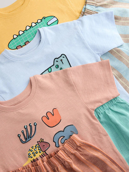 |Boy| Conjunto De 3 Pijamas Curtos Listrados De Animais Nas Cores Azul, Amarelo e Rosa (9 meses a 8 anos)