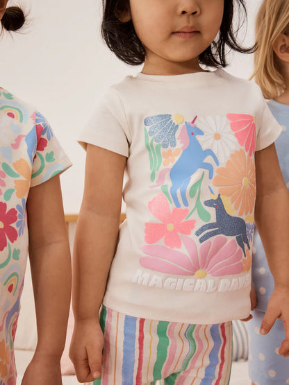 |Girl| Kit com 3 Pijamas Curtos de Unicórnio com Estampa Floral Rosa (9 meses a 12 anos)