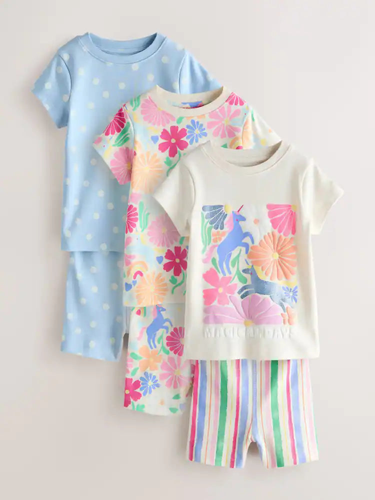 |Girl| Kit com 3 Pijamas Curtos de Unicórnio com Estampa Floral Rosa (9 meses a 12 anos)