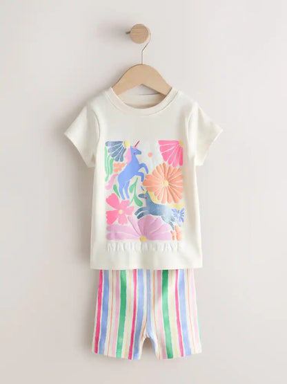|Girl| Kit com 3 Pijamas Curtos de Unicórnio com Estampa Floral Rosa (9 meses a 12 anos)