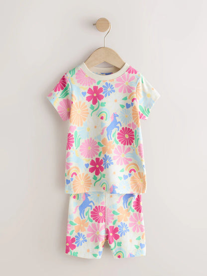 |Girl| Kit com 3 Pijamas Curtos de Unicórnio com Estampa Floral Rosa (9 meses a 12 anos)