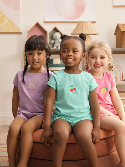 |Girl| Conjunto De 3 Pijamas Curtos Em Tons De Verde-Azulado e Rosa (9 meses a 12 anos)