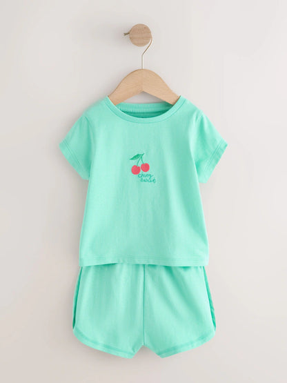 |Girl| Conjunto De 3 Pijamas Curtos Em Tons De Verde-Azulado e Rosa (9 meses a 12 anos)