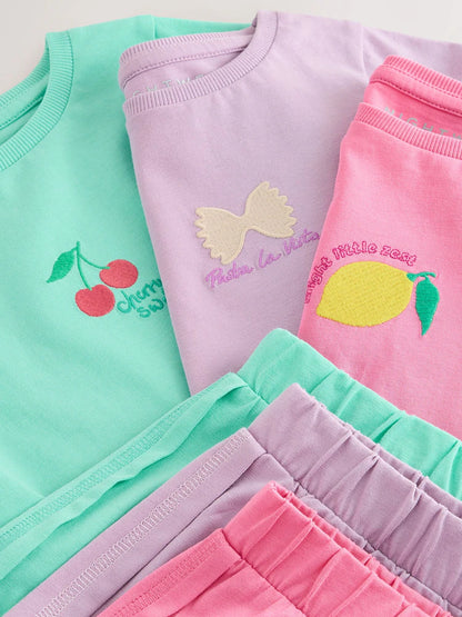 |Girl| Conjunto De 3 Pijamas Curtos Em Tons De Verde-Azulado e Rosa (9 meses a 12 anos)