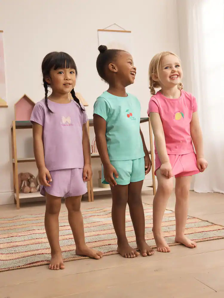 |Girl| Conjunto De 3 Pijamas Curtos Em Tons De Verde-Azulado e Rosa (9 meses a 12 anos)
